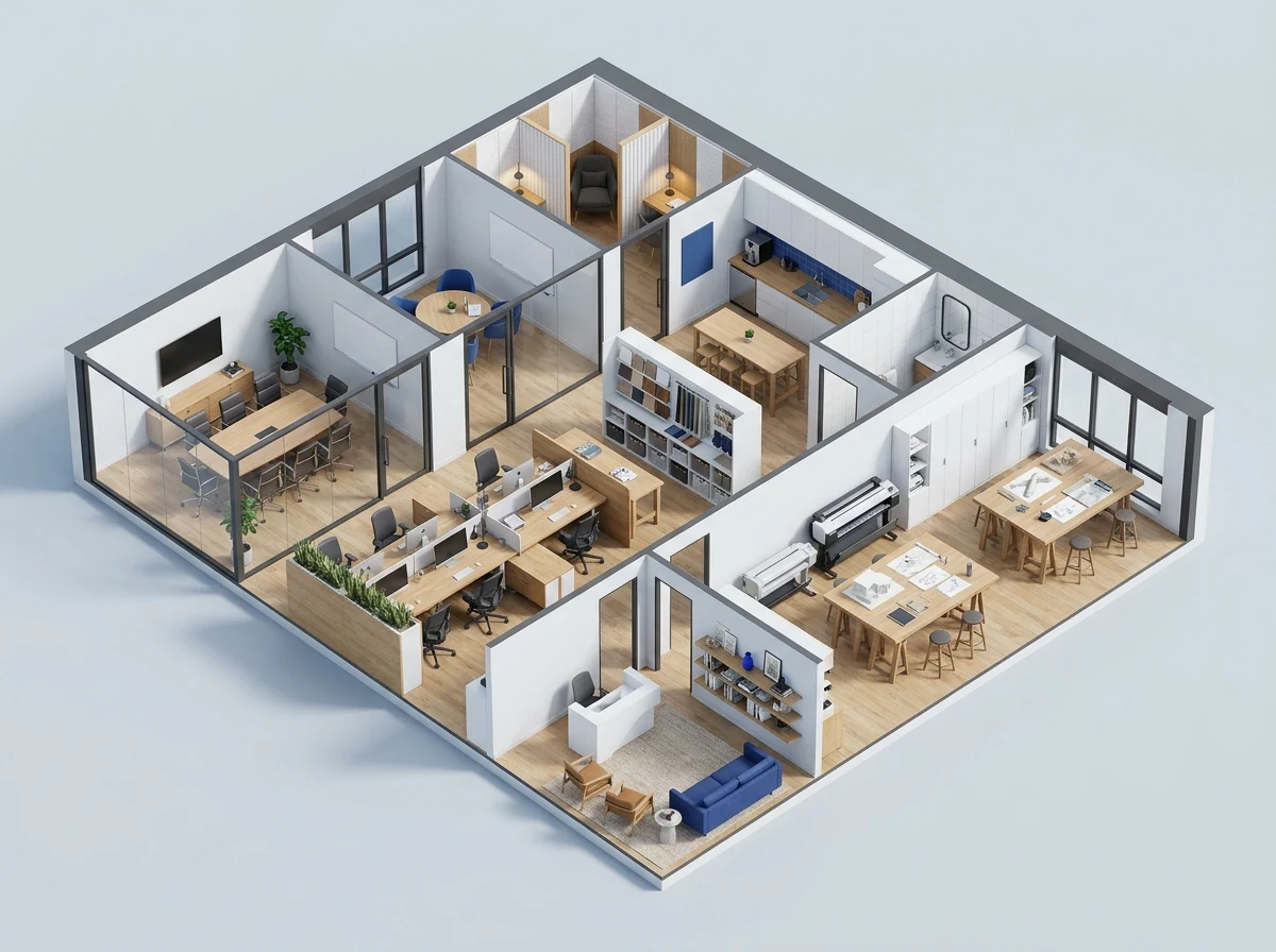 Axonometric furnished floor plan for Creative office
