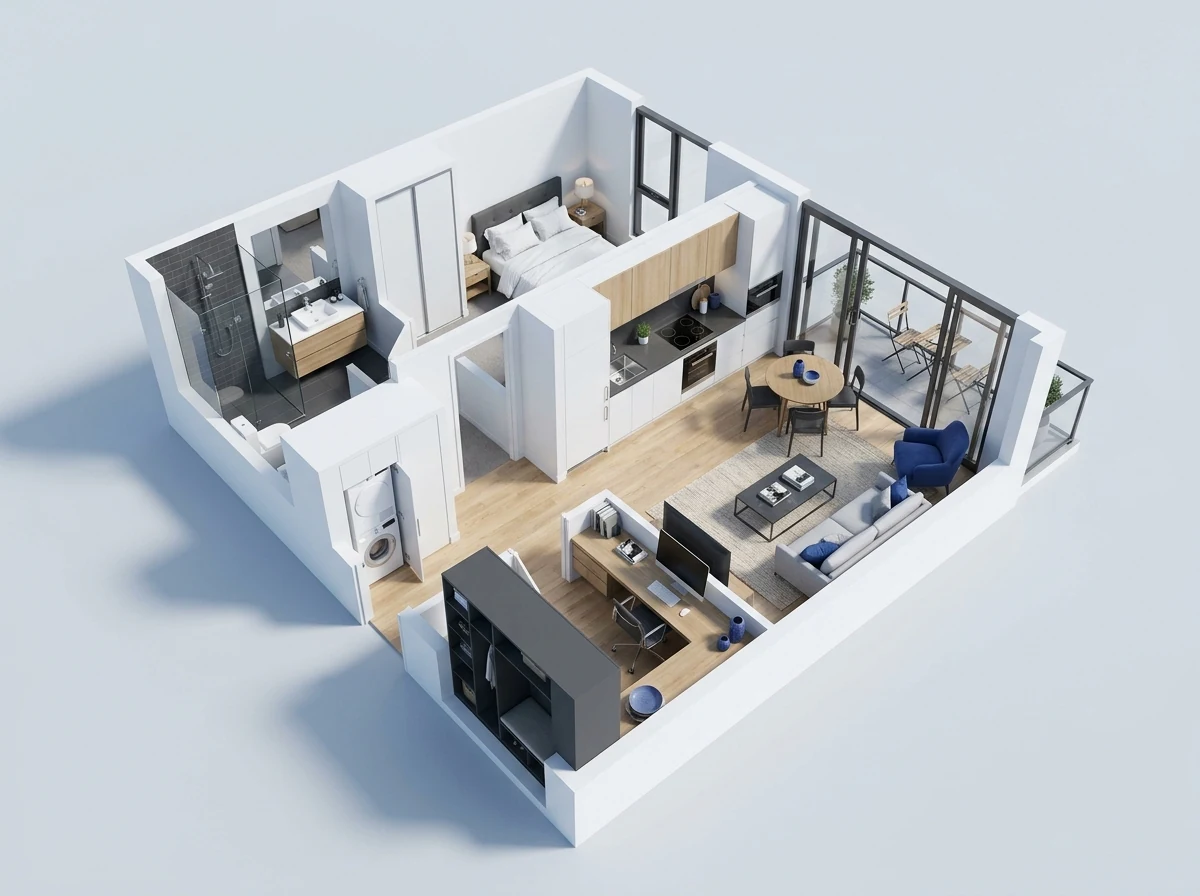 Axonometric furnished floor plan for One-bedroom rental